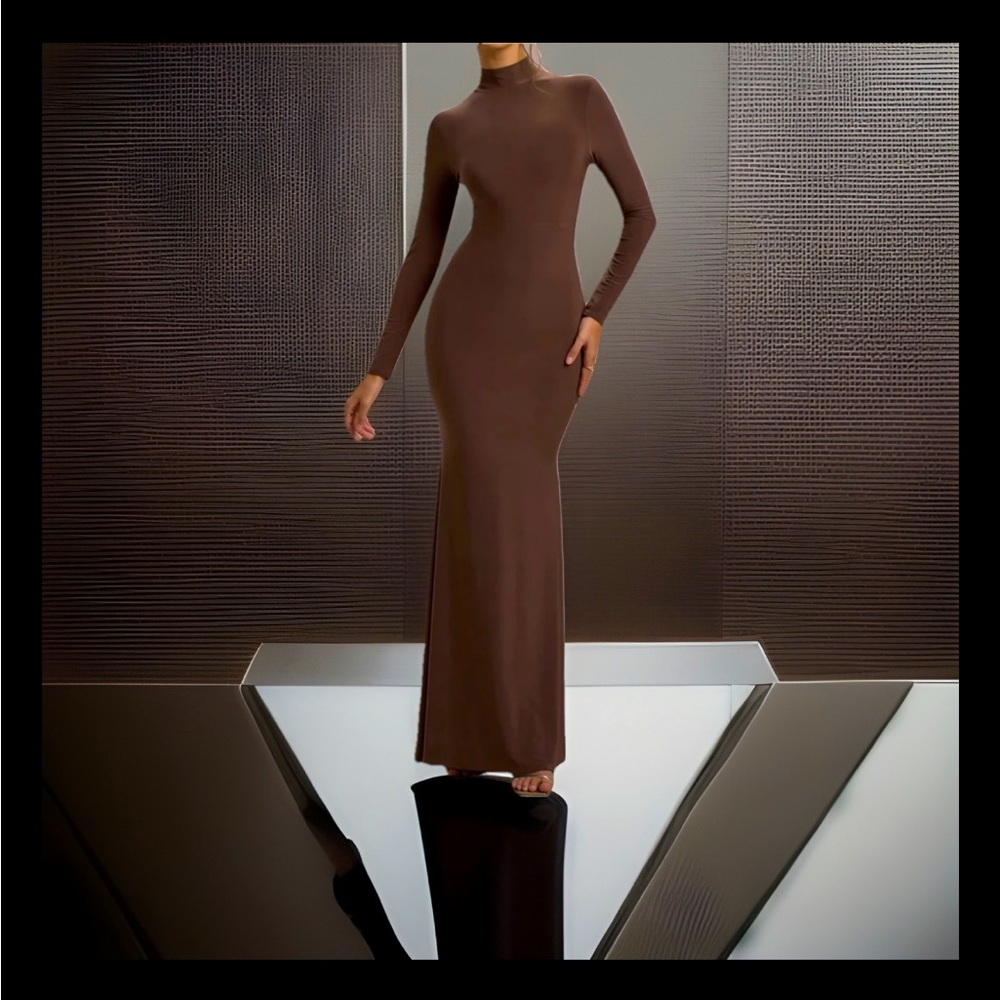 Elegant HONOR THE GIFT High Neckline LS Premium Stretch Ribbed Maxi Length Dress